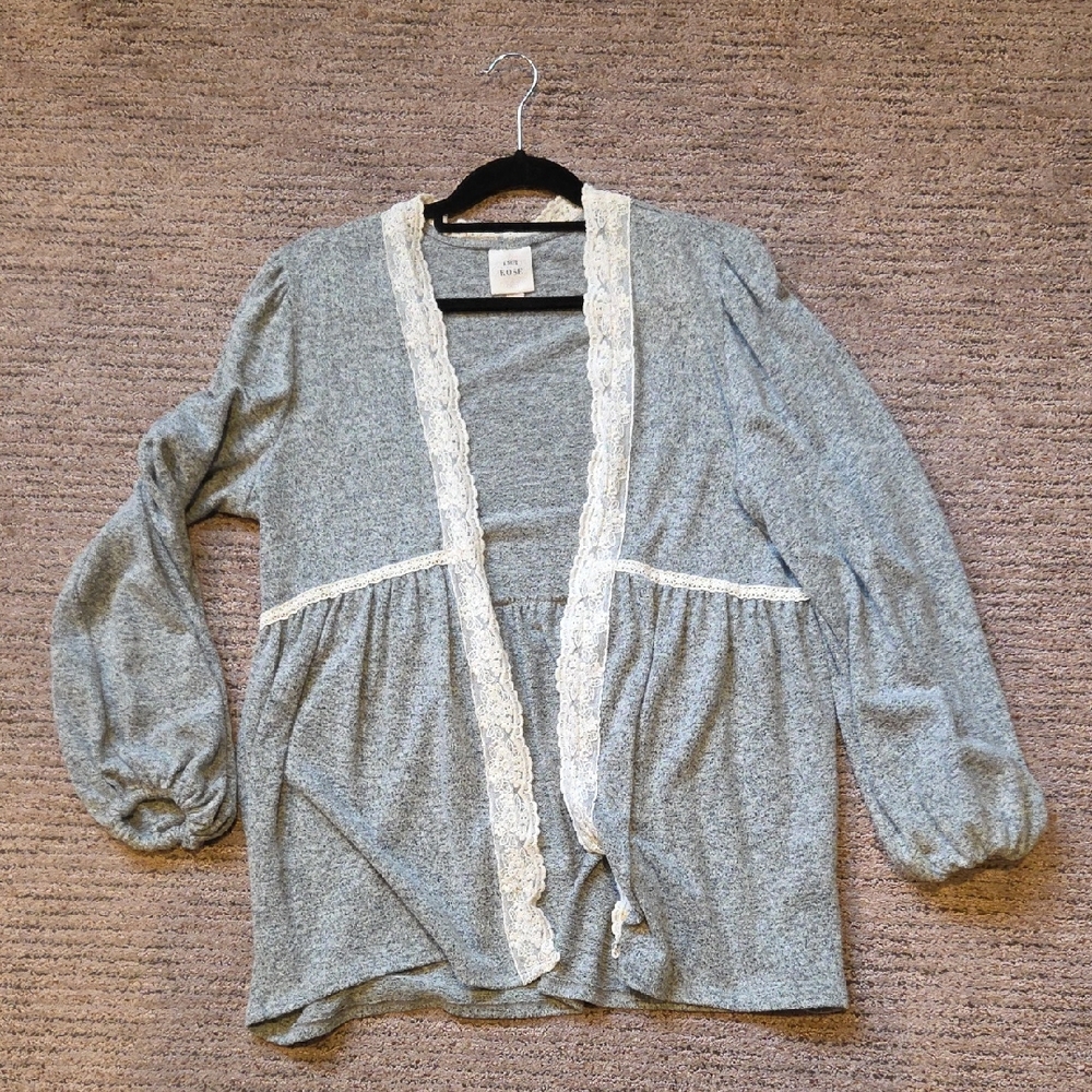 Knox Rose Gray Cardigan with Lace Trim